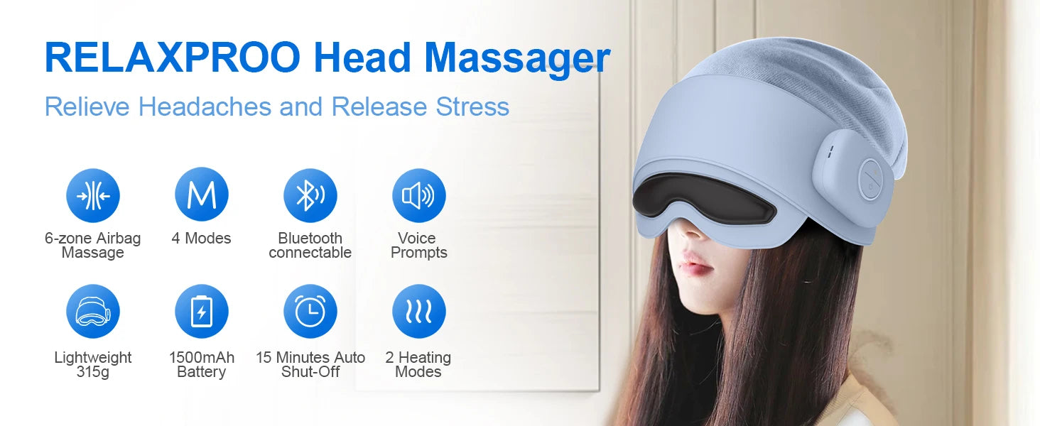 Masseur de tête pour soulager la fatigue, masseur oculaire avec chaleur, massage de la tête et des yeux pour soulager le stress, compatible Bluetooth, cadeaux idéaux